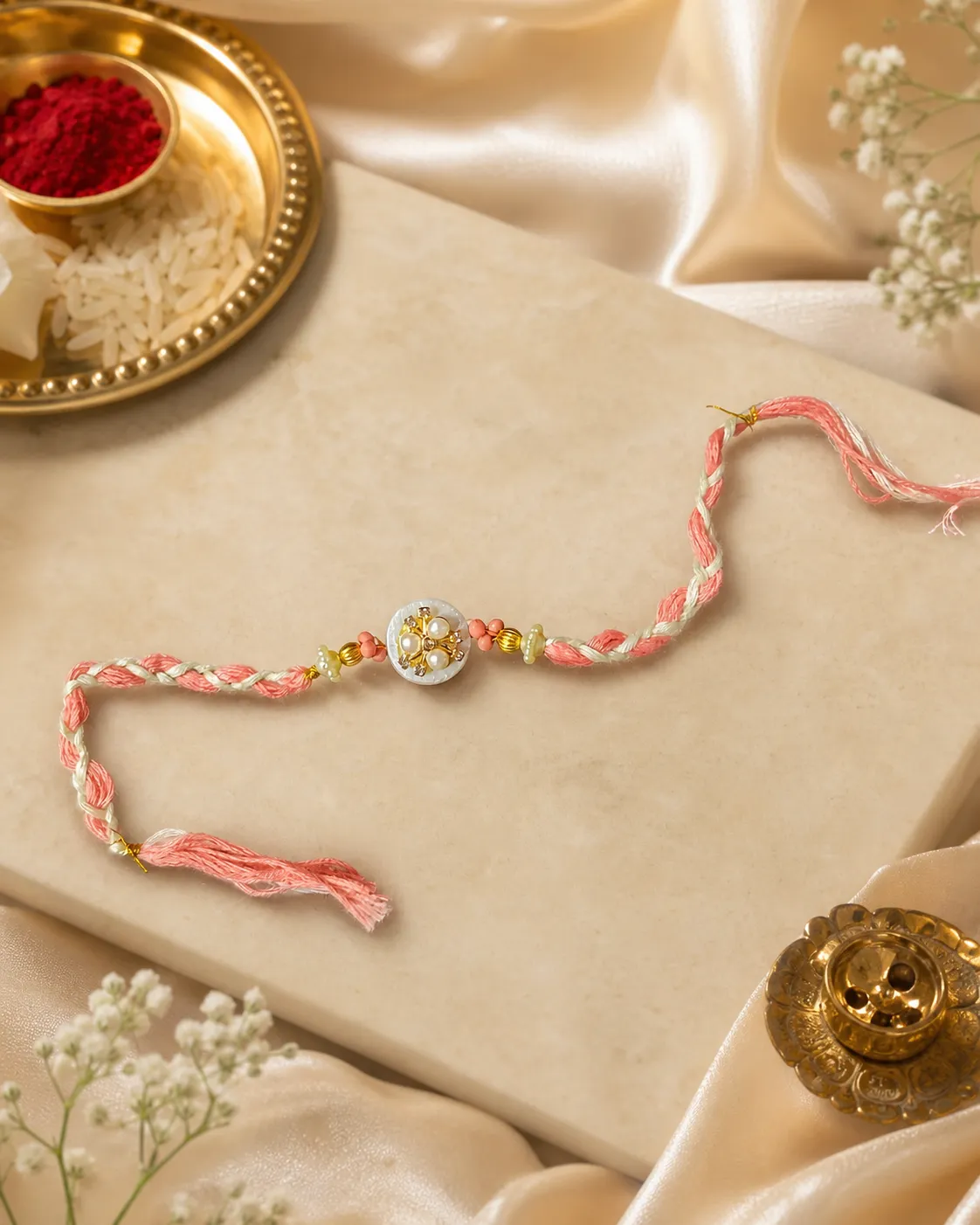 Peach Floral Pearl Rakhi