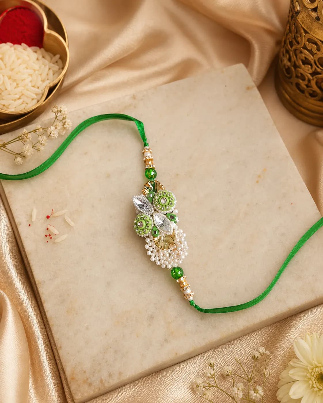Green Floral Pearl Rakhi